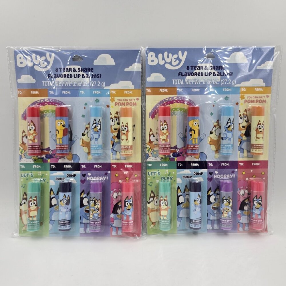 Bluey Tear & Share Flavored Lip Balms for Valentines 8 Count - Lot of 2